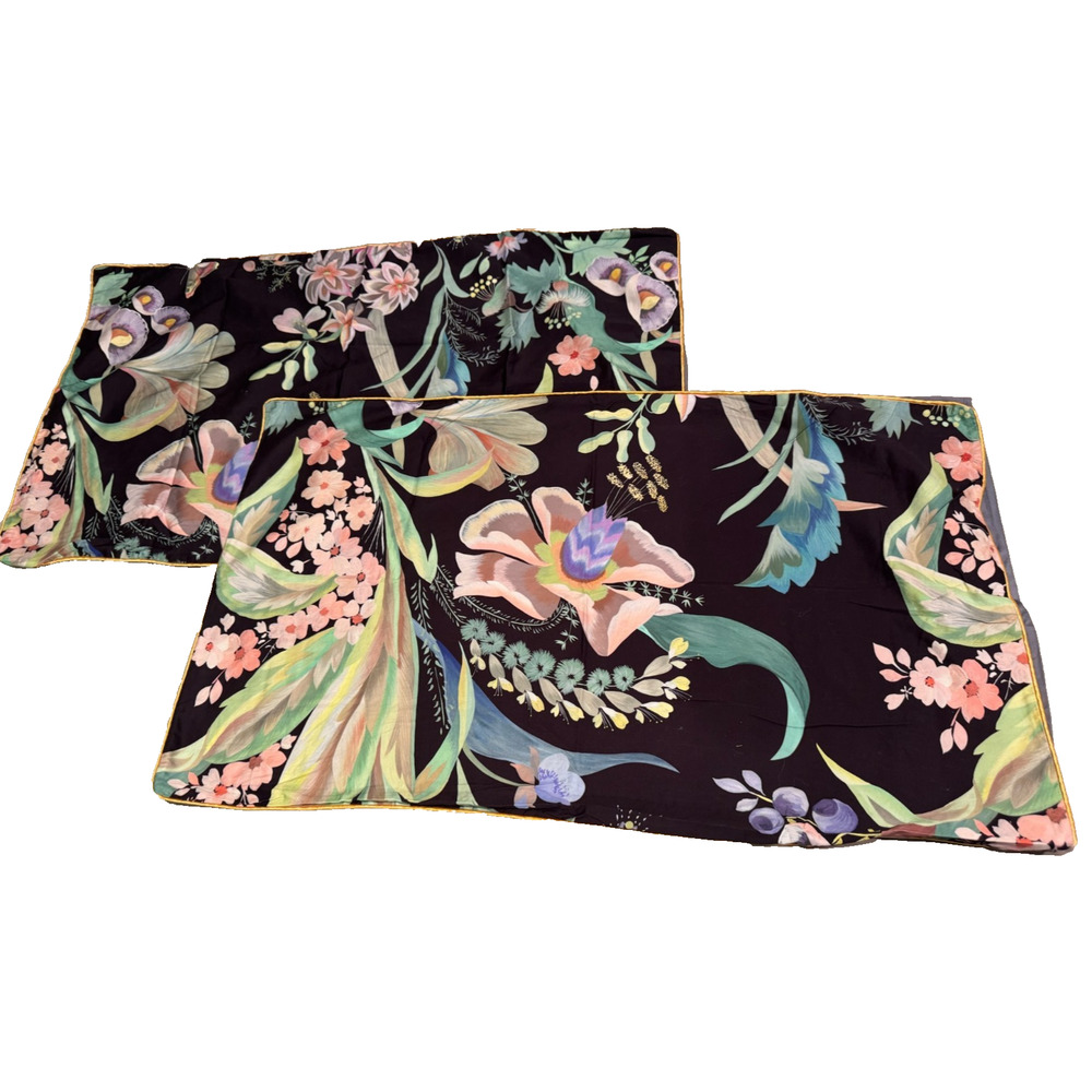 Pair of King Pillow Shams Tropical‎ Floral Colorful Black Gold Trim